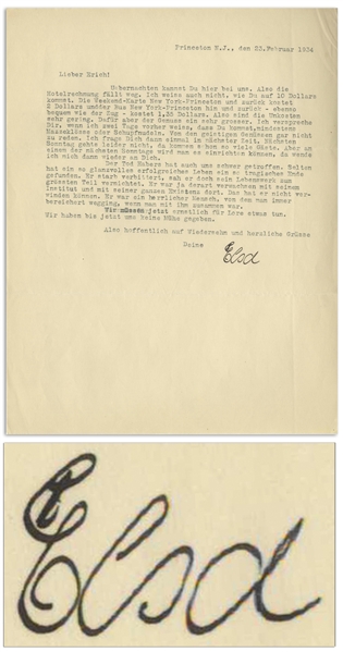Elsa Einstein 1934 Letter Signed -- ''...Haber's death hit us hard...a brilliant and successful life to end so tragically. He died full of bitterness, seeing most of his life's work destroyed...''